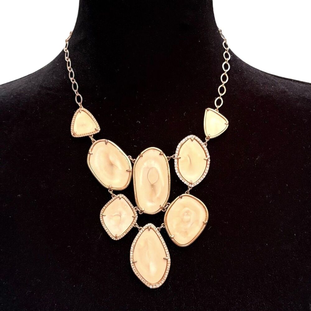 Stella & Dot Fiona Cream Pave Rhinestone Gold Tone Statement Bib Style Necklace